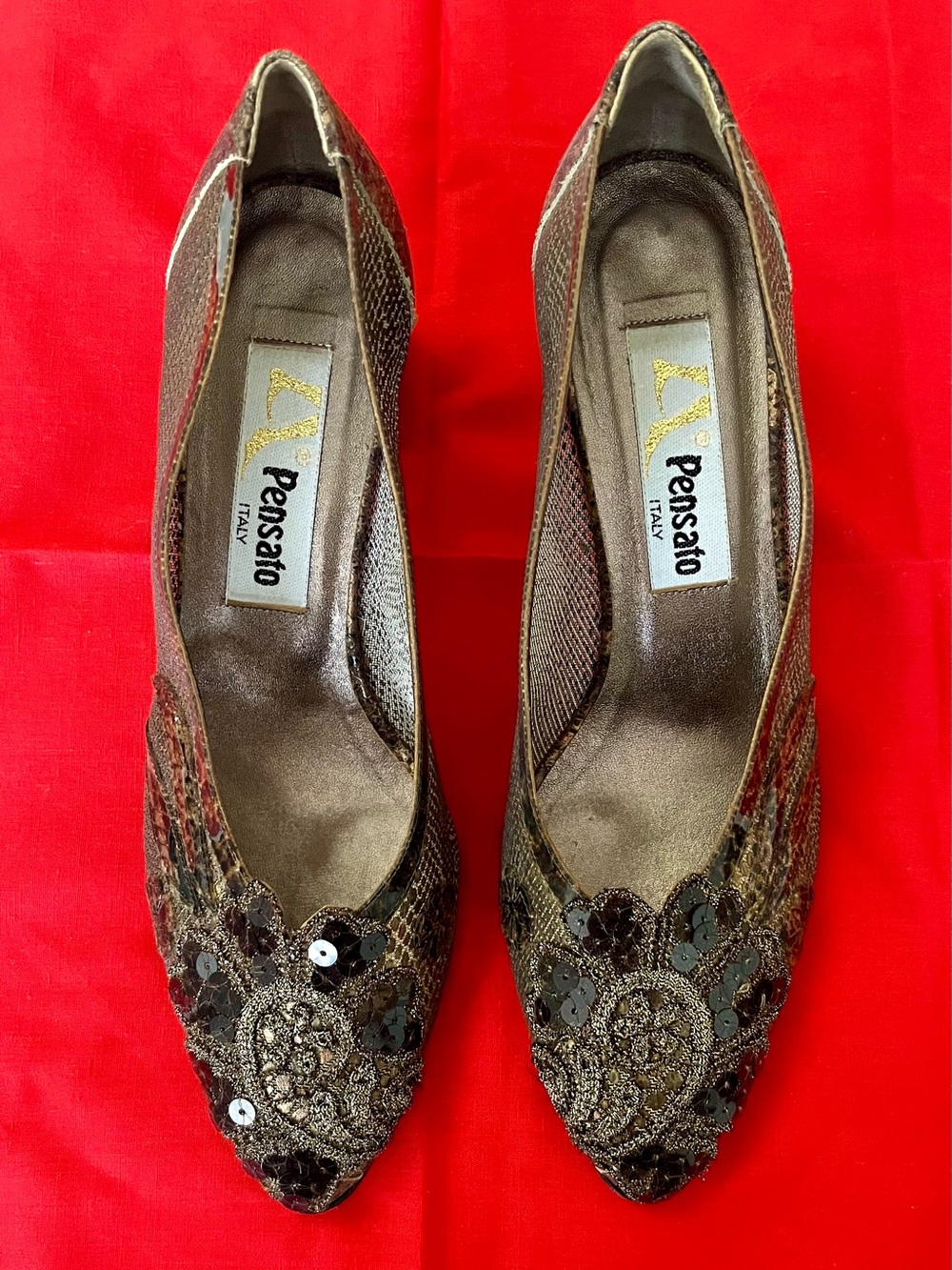 Fernando Pensato. Italy.  Sequined Pointed Toe with a Lucite Tortoiseshell Heel.
